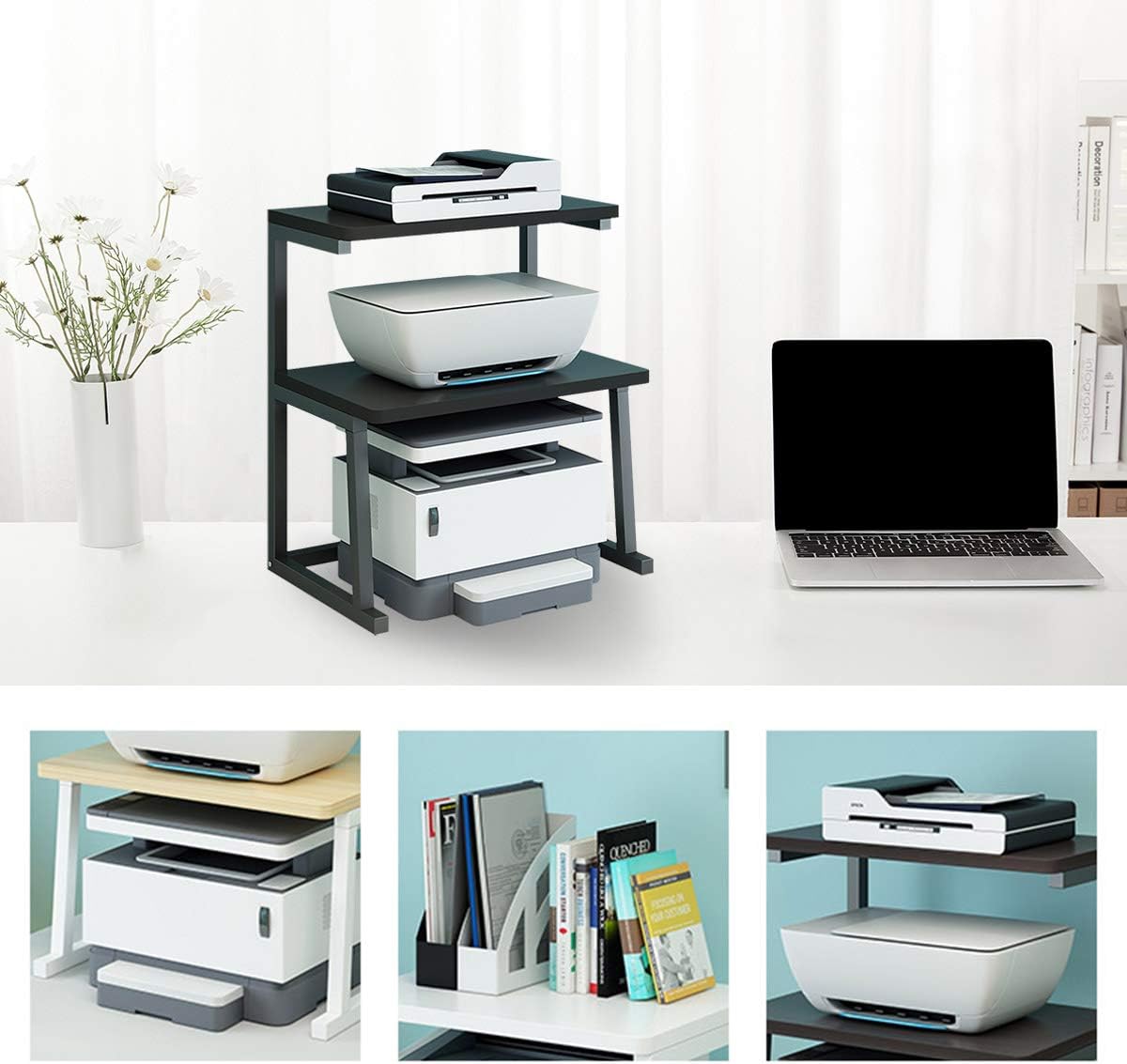 TMUCUNG Printer Stand Desktop Stand for Printer 3-Tier Multifunction Storage Book Shelf Floor Printer Table Space Organizer Perfect for Office Living Room Kitchen(Black) - Image 3